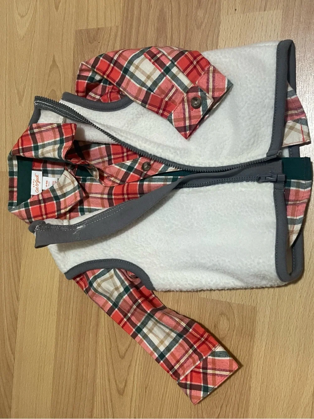 Old Navy Red Plaid Sherpa Vest with Gray Trim